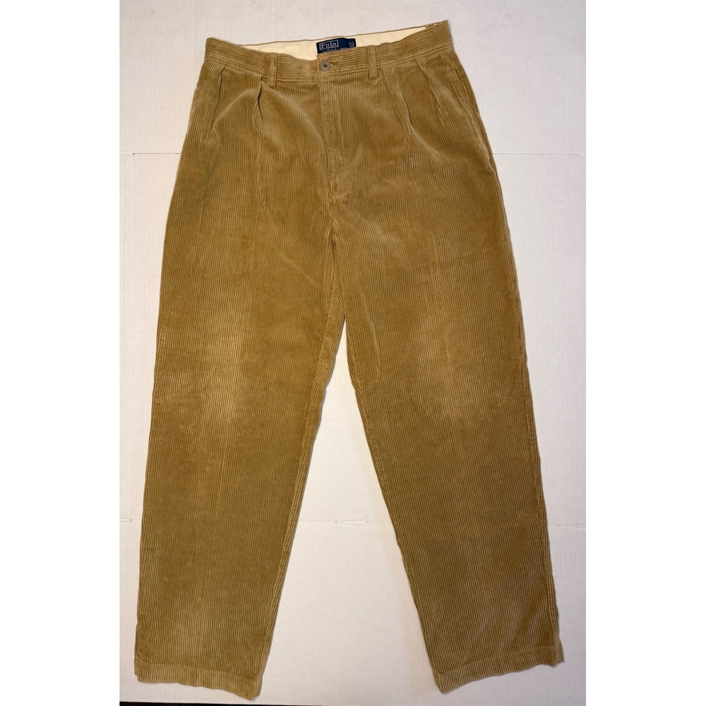 Polo Ralph Lauren Andrew Pant Tan Wide Wale Corduroy Pleated Mens 32x30 Beige - Picture 2 of 10